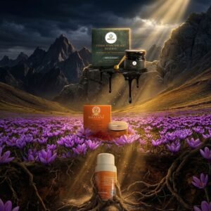 Bhatani Shilajit Resin from the Himalayan Mountains, Bhatani Saffron From The Himalayan valleys with saffron flowers, Bhatani Ashwagandha from the roots