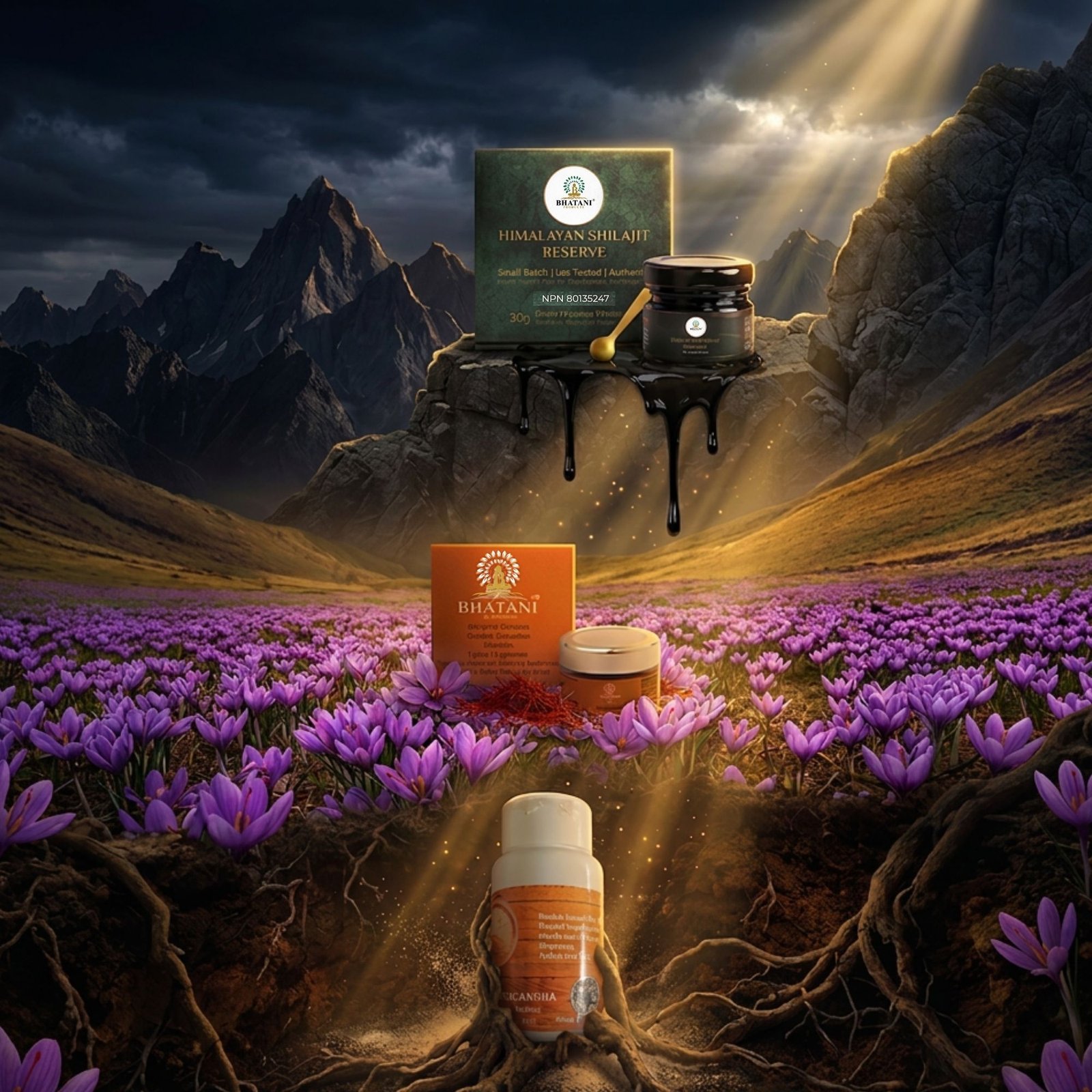 Bhatani Shilajit Resin from the Himalayan Mountains, Bhatani Saffron From The Himalayan valleys with saffron flowers, Bhatani Ashwagandha from the roots
