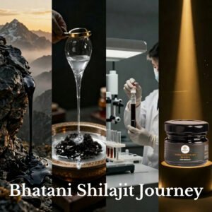 Shilajit manufacturing process showing Himalayan harvesting, purification, filtration, and laboratory testing before packaging