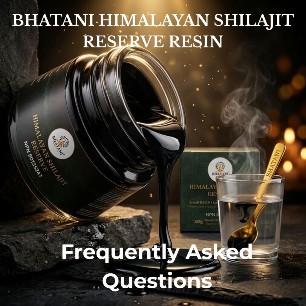 Bhatani premium Himalayan Shilajit Reserve sesin falling from a glass jar and FAQ