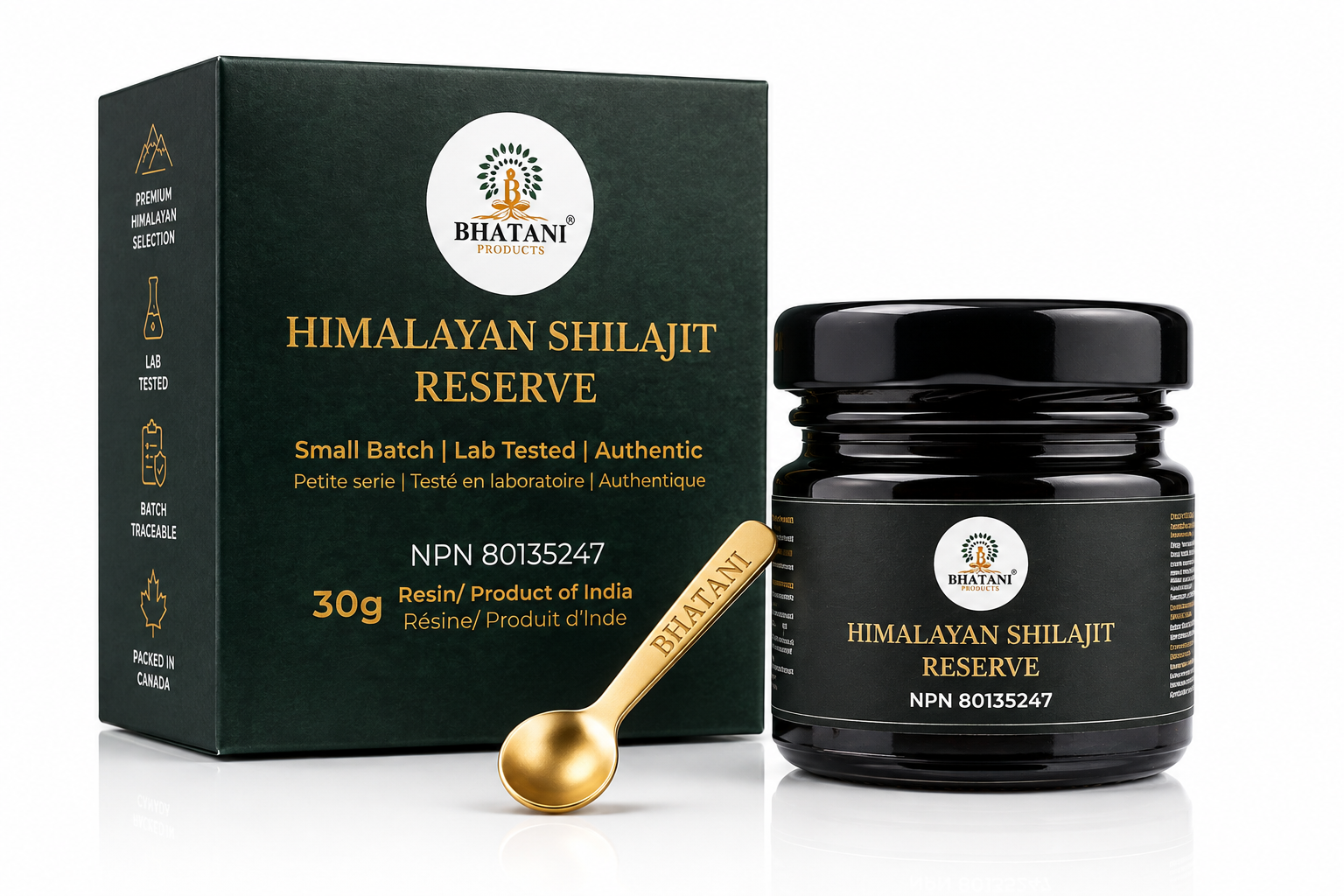 Bhatani Himalayan Shilait box, jar with 30g resin and golden measuring spoon