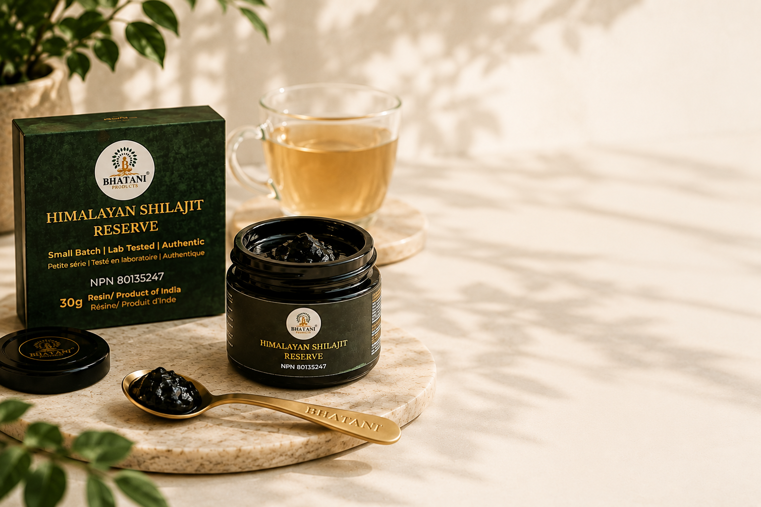 Bhatani Shilajit jar ,box and spoon with warm water, resin dissolve for daily ritual