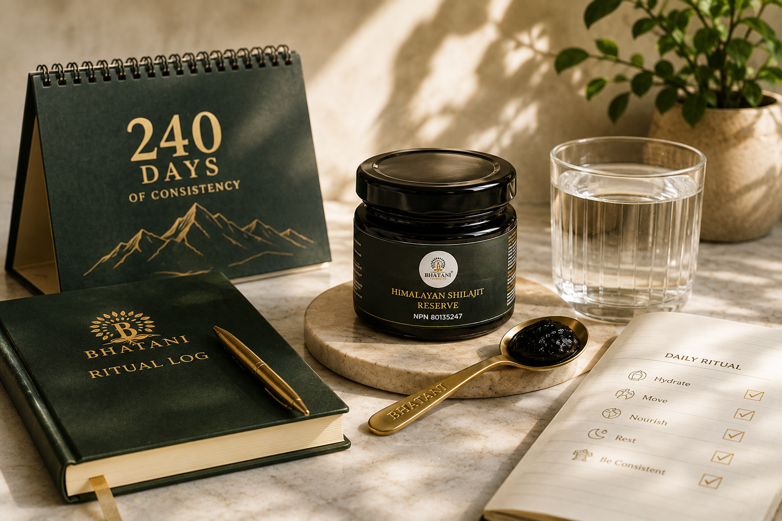 Bhatani Shilajit jar, a planner and card which says 240 day of consistency and a pen for daily logs