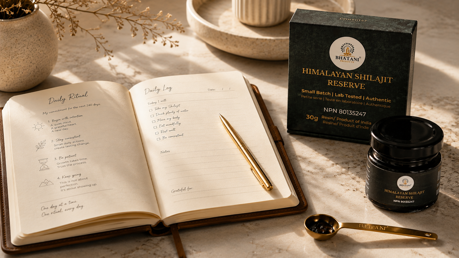 Log book for daily ritual and consistency a shilajit jar and golden spoon with authentic resin