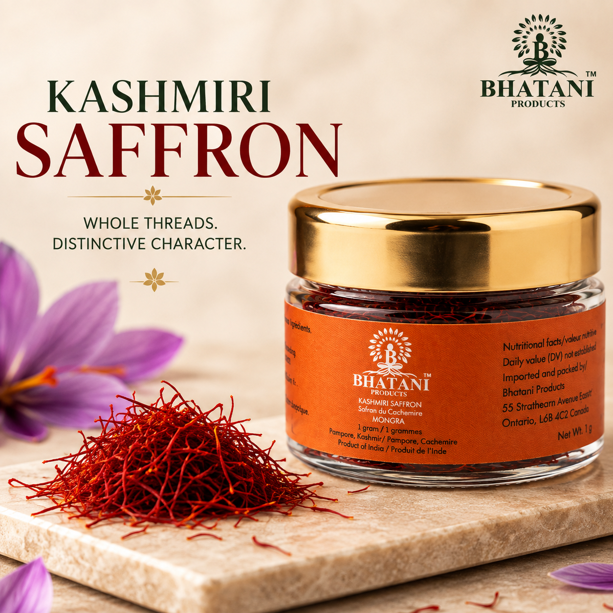Pure Kashmiri saffron red stigmas packaging Bhatani Products Canada
