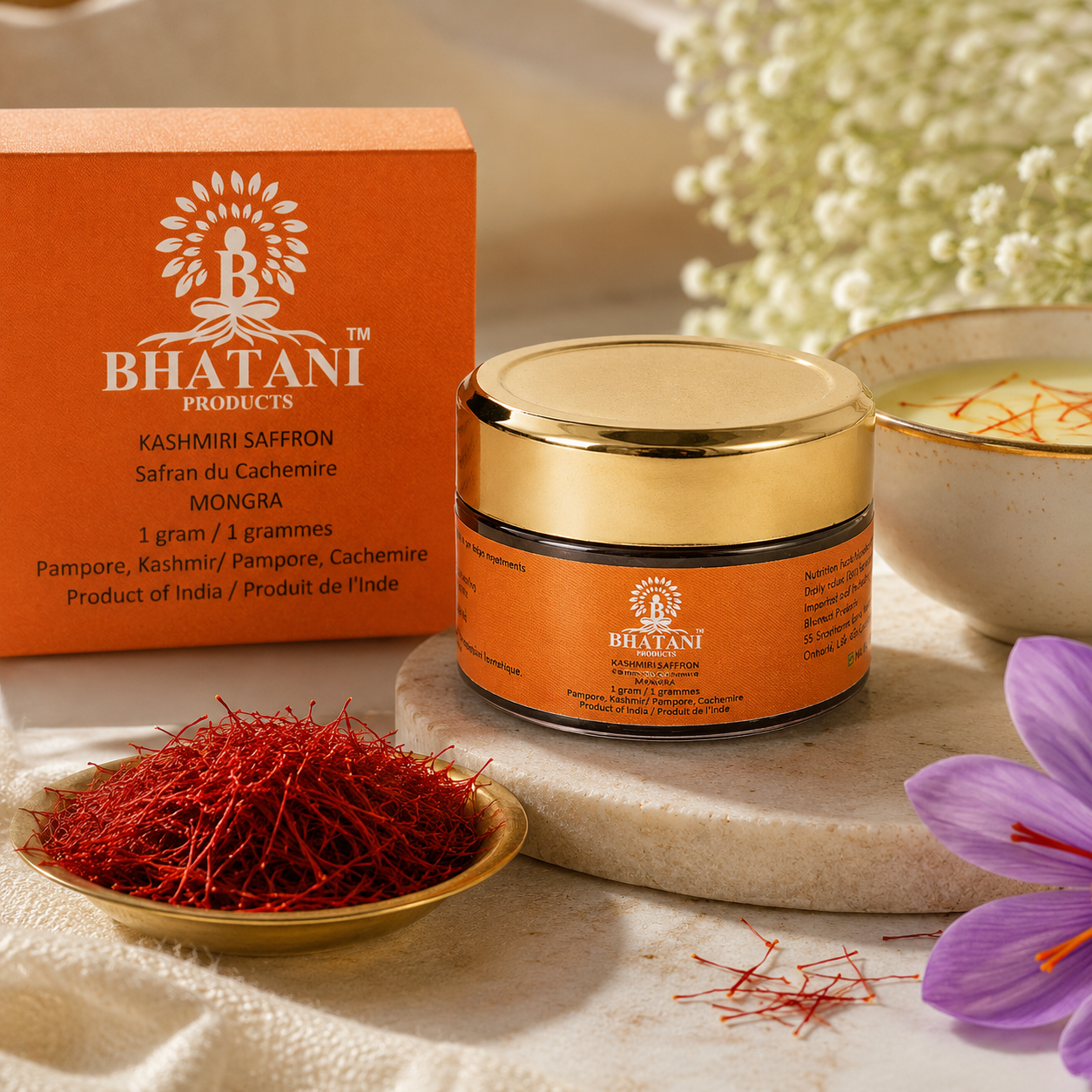 Pure Kashmiri saffron red stigmas packaging Bhatani Products Canada