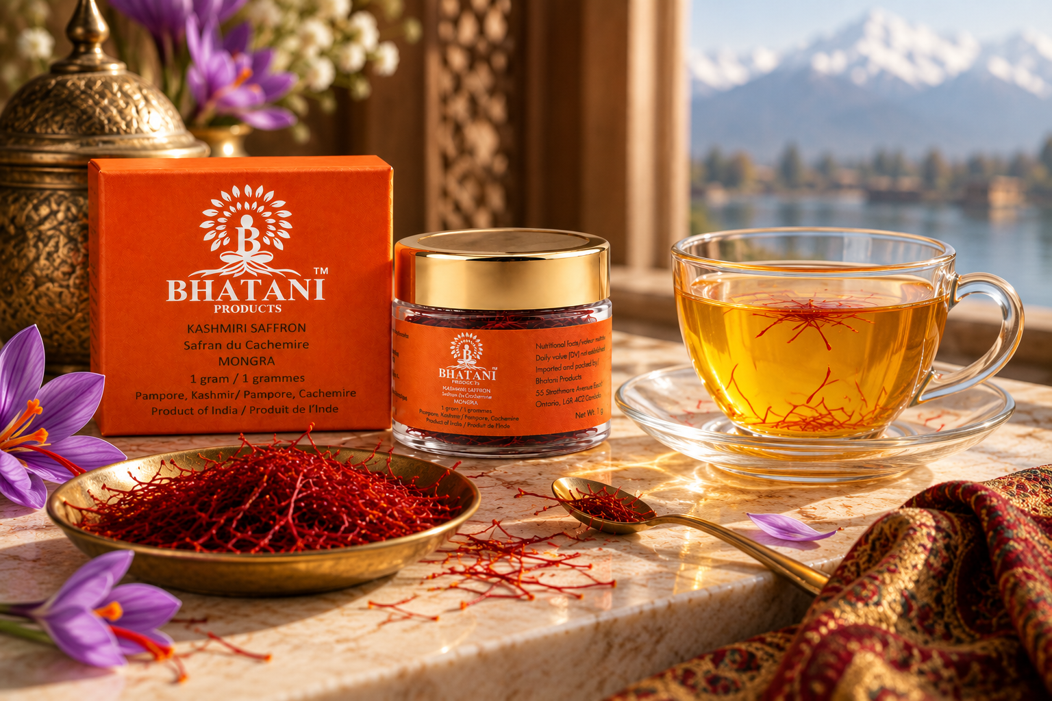 Pure Kashmiri saffron red stigmas packaging Bhatani Products Canada