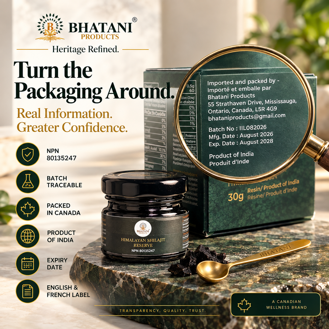 Bhatani Himalayan Shilajit Reserve packaging showing NPN 80135247, bilingual label, Product of India, batch traceability and expiry information.