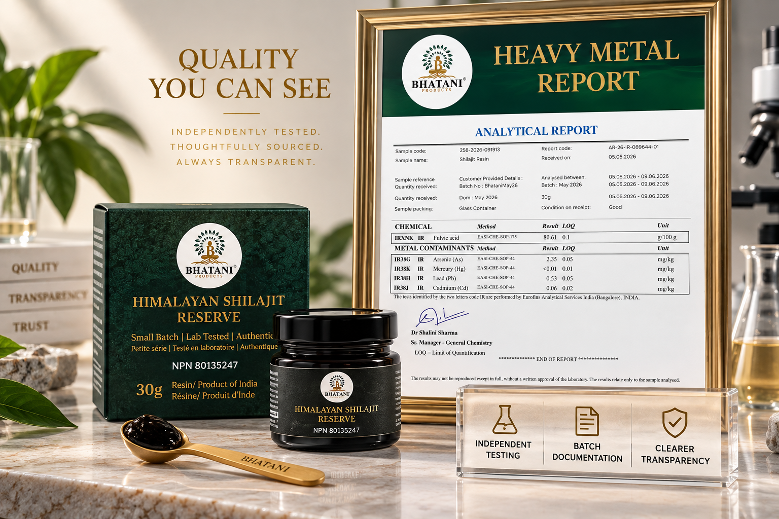 Health Canada NPN lab test report certificate of analysis for Bhatani Shilajit