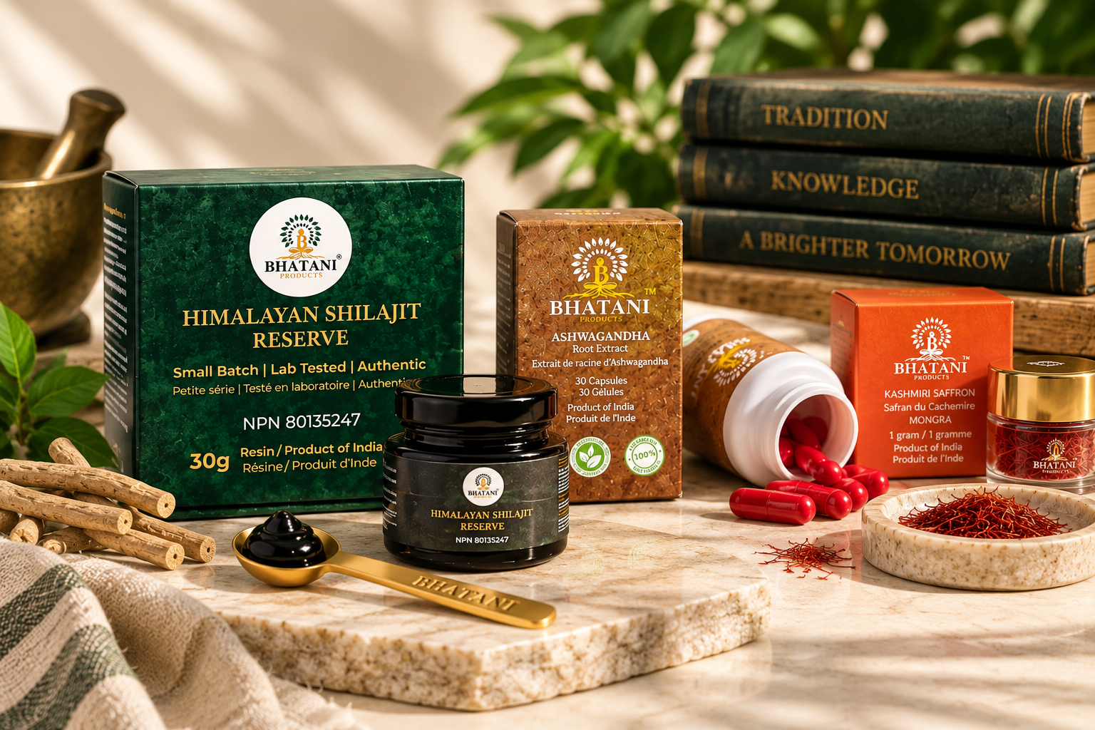 Bhatani Heritage Bundle featuring Shilajit resin, saffron threads, and Ashwagandha capsules